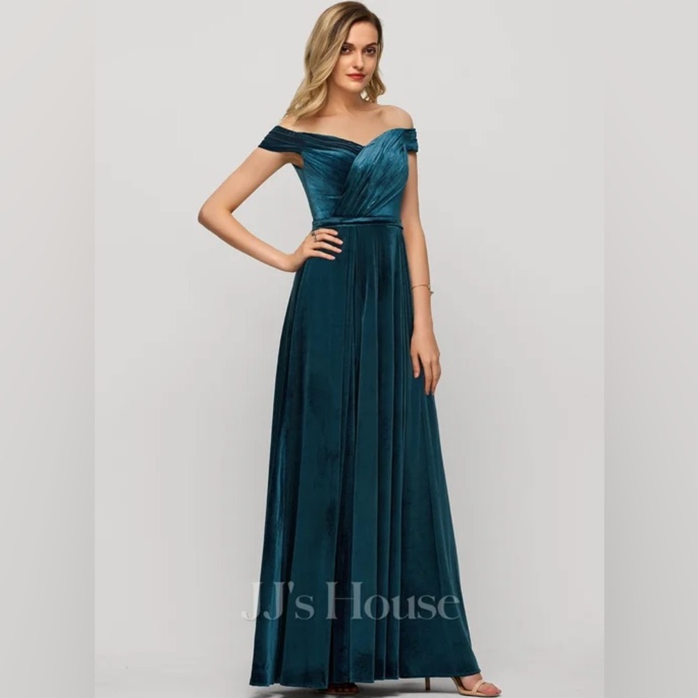 A-line Off the Shoulder Floor-Length Velvet Evening Dress - Picture 2 of 5